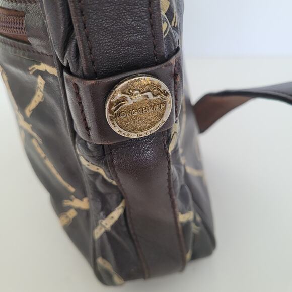 Longchamp Paris Signature Geniue Leather Brown Zip Shoulder Bag Purse Medium - Picture 9 of 13